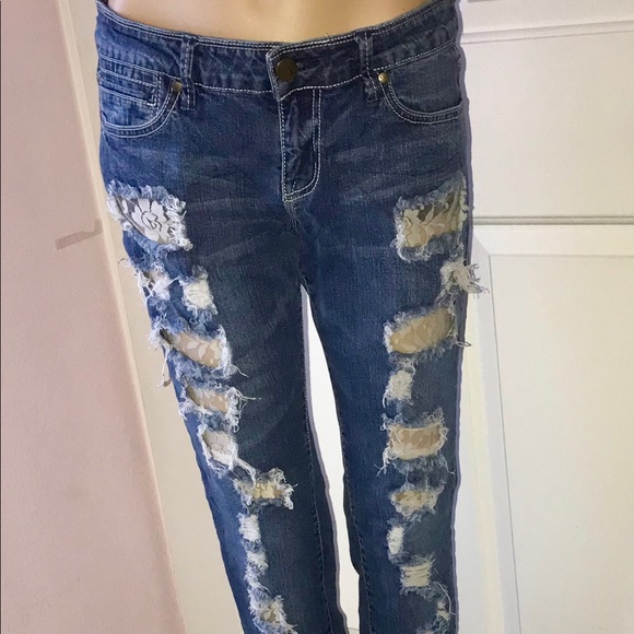 Denim - Black Crystal jeans, lace embellishment